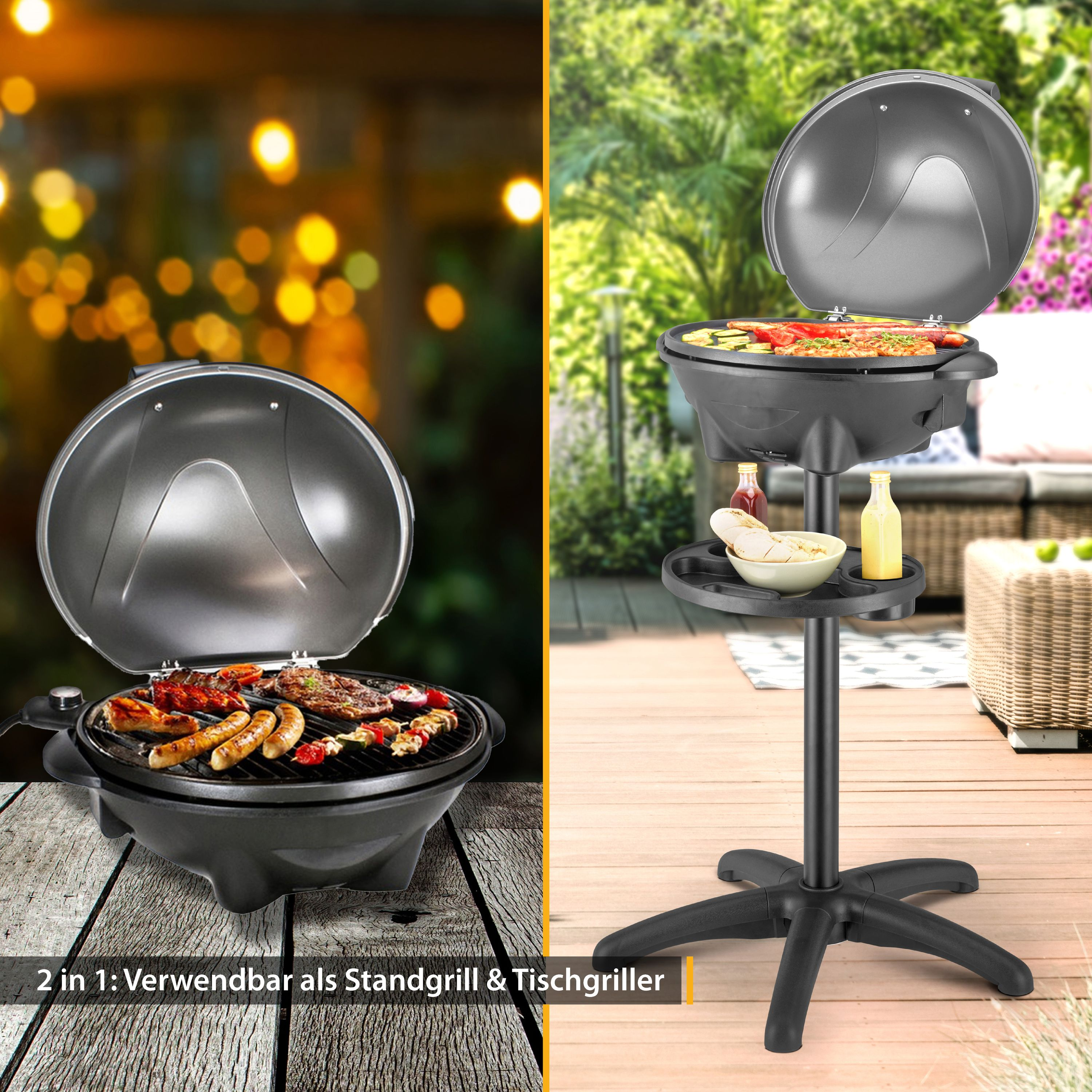 Ein Grill mit offenem Deckel, Würstchen und Fleisch auf dem Grill. Ein Beistelltisch hat Gewürze und Essen. Umgebung im Freien.