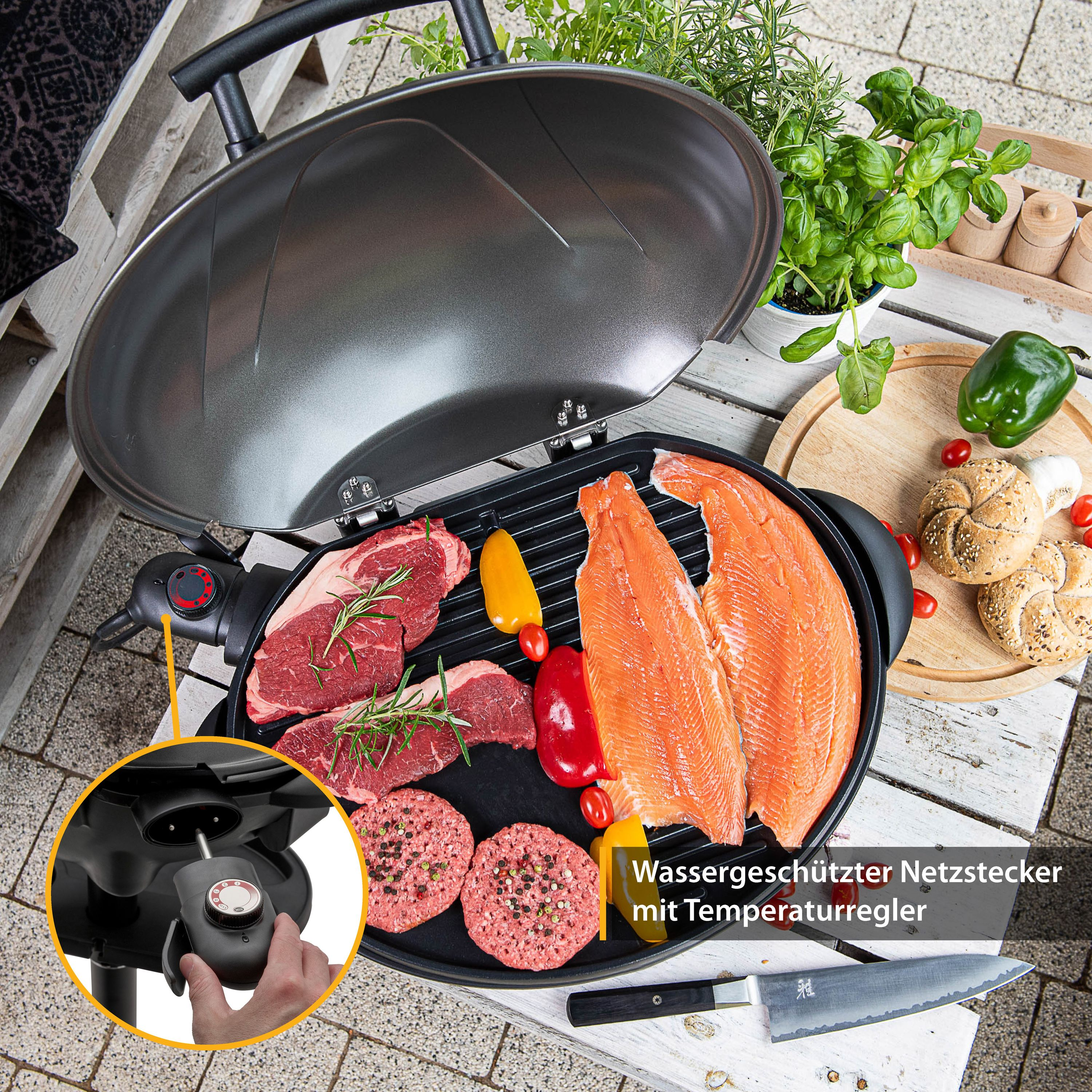 Grill mit Essen. Steaks, Lachs, Paprika und Brötchen. Hand, die die Temperatur einstellt.
