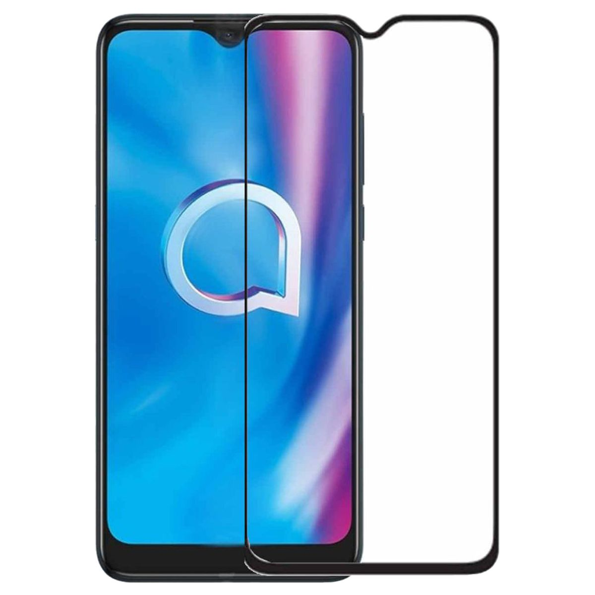 Pellicola protettiva per schermo del telefono con telefono che mostra schermo blu e rosa.