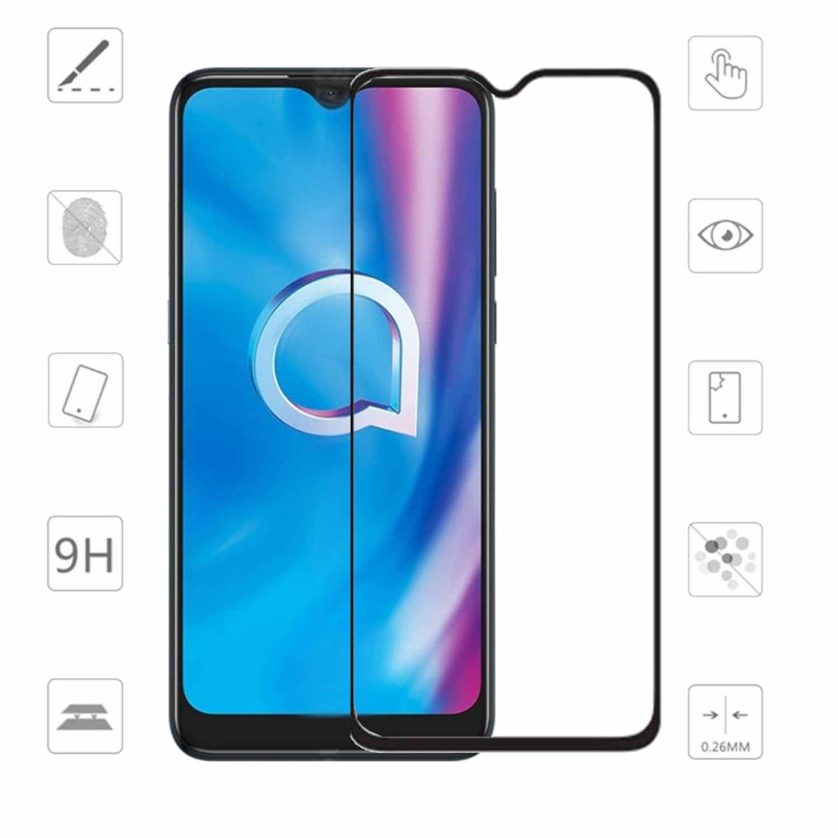 Telefono con protezione schermo. Le icone attorno al telefono mostrano impronta digitale, 9H e altro.