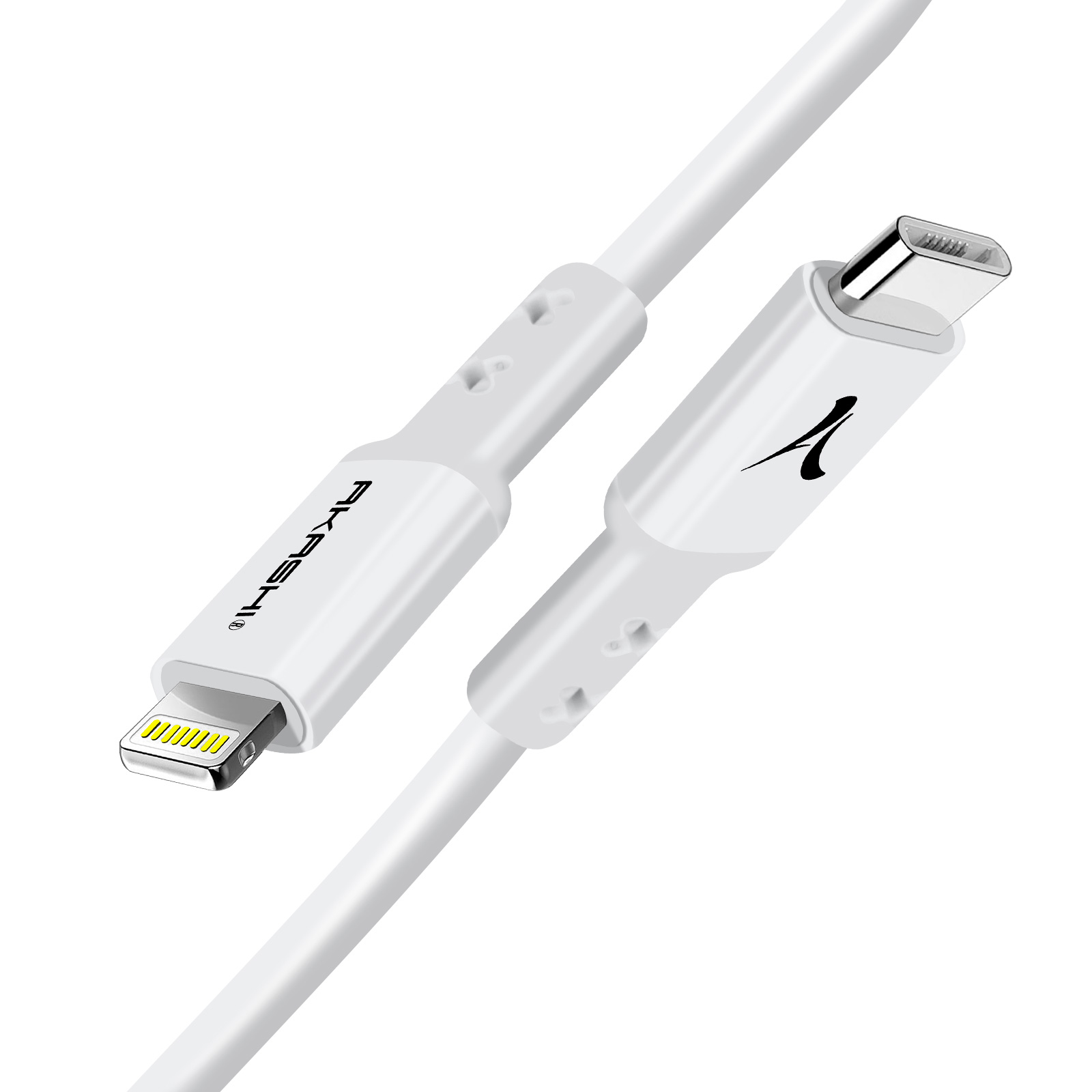 Weißes Lightning-zu-USB-C-Kabel mit dem Akashi-Logo.