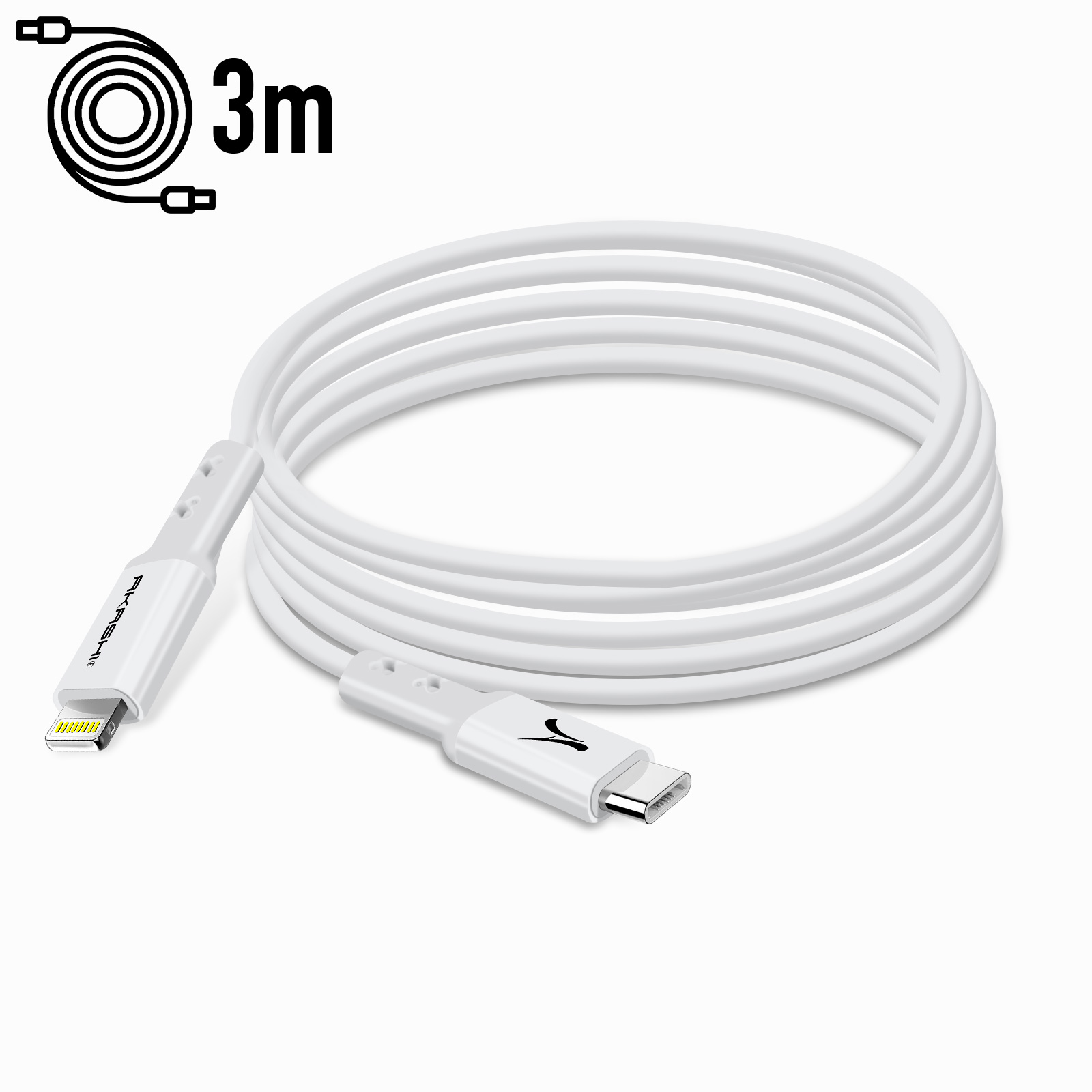 Weißes Ladekabel mit Lightning- und USB-C-Anschlüssen. Das Kabel ist 3 Meter lang.