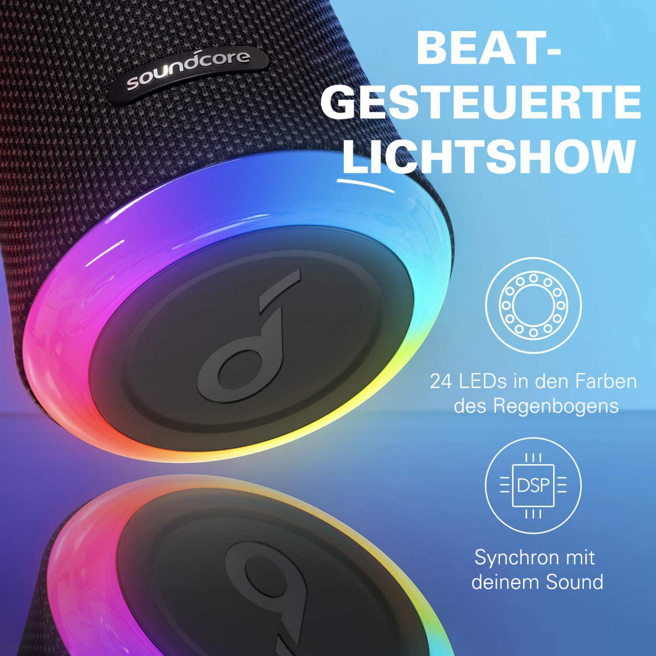 Altoparlante Soundcore nero con luci LED colorate e testo che descrive le funzionalità dello spettacolo di luci.