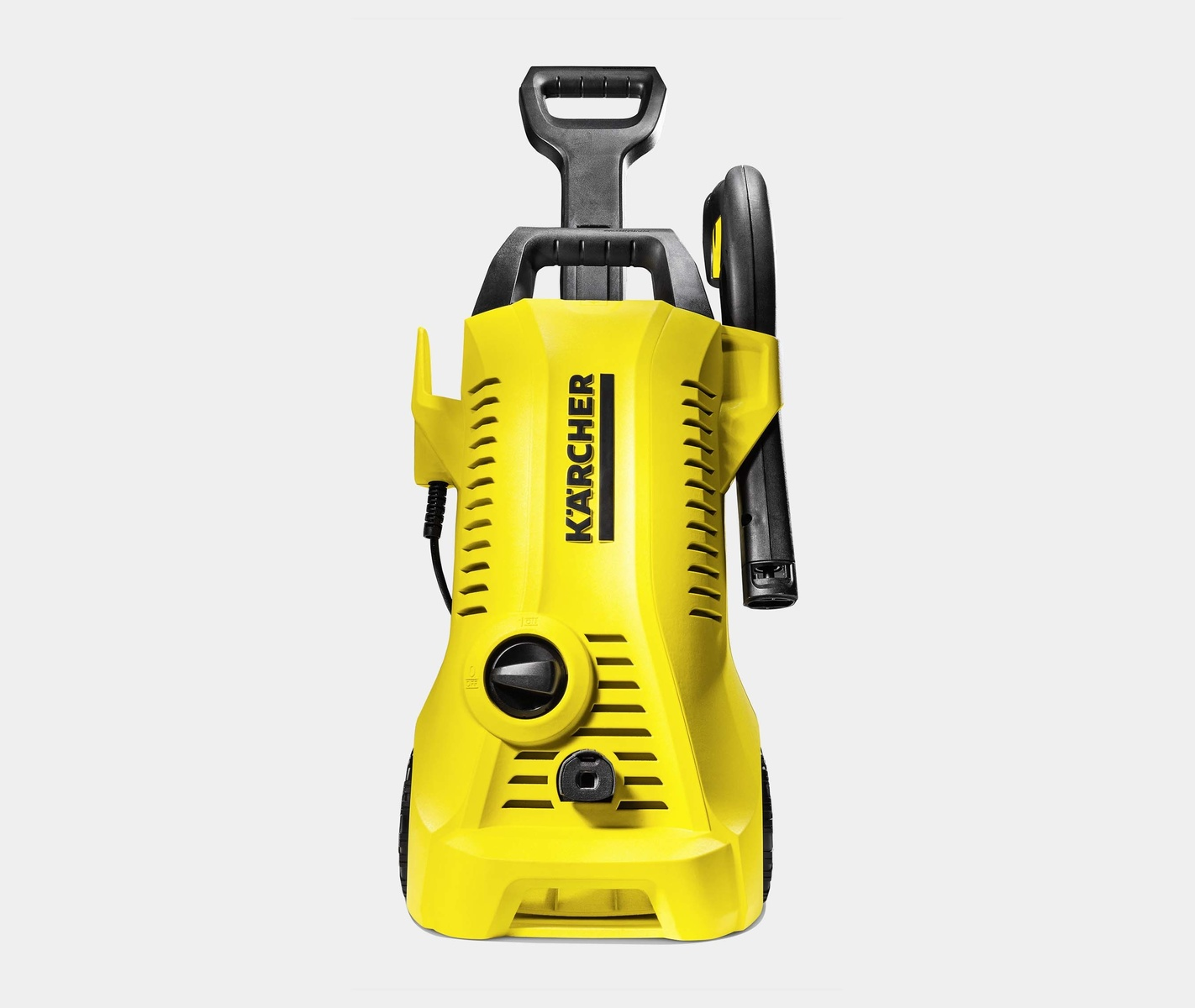 Żółta myjka ciśnieniowa Kärcher, czarny uchwyt i dysza, na białym tle.