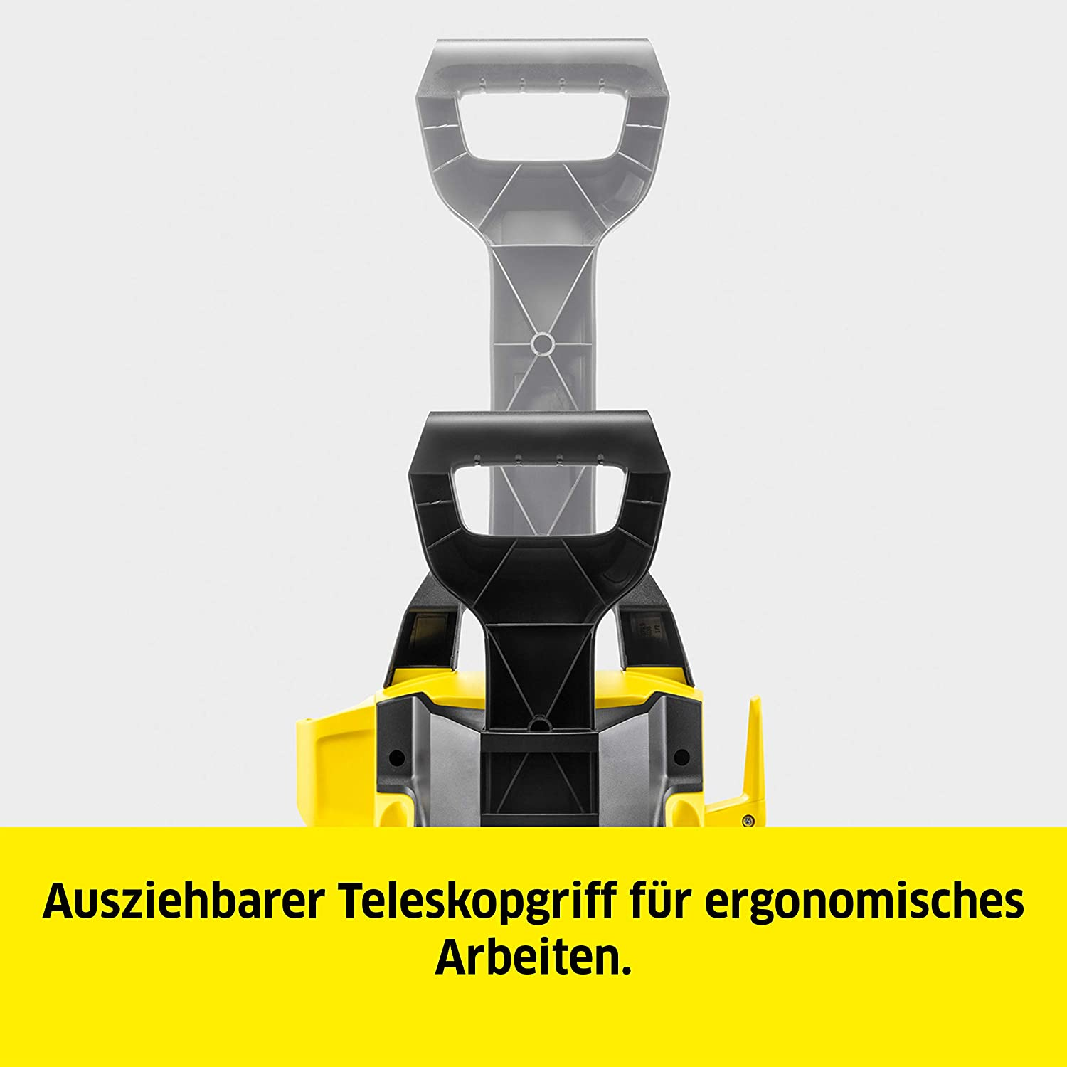 Żółto-czarna myjka ciśnieniowa. Uchwyt jest wysunięty, pokazując funkcję teleskopową.