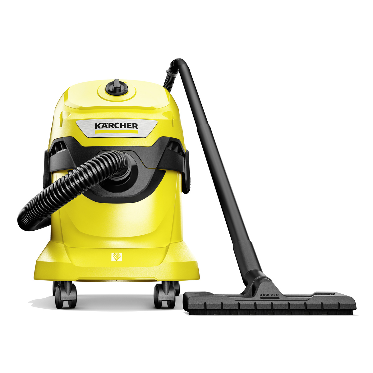 Un aspirapolvere giallo con marchio Karcher e un tubo e un ugello neri.