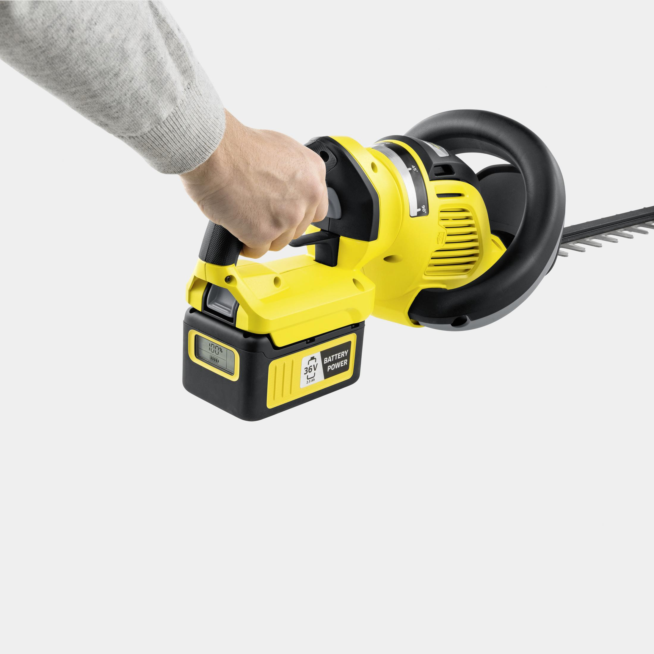 Die Hand einer Person, die eine gelb-schwarze Heckenschere vor weißem Hintergrund hält.