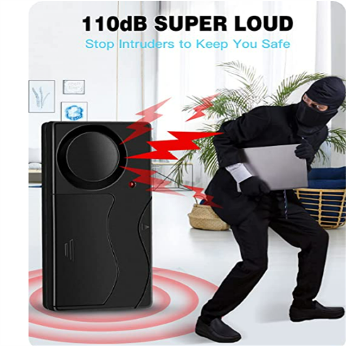 Afbeelding van een beveiligingsalarm en een inbreker. Tekst zegt '110dB SUPER LUID'.