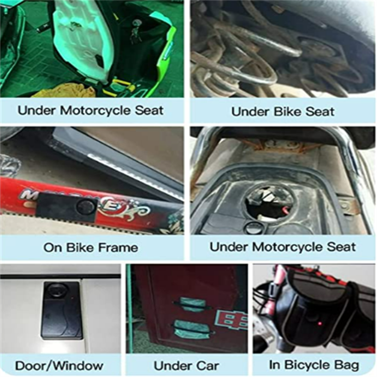 Collage van items: fiets- en motorfietsonderdelen met labels zoals 'Under Seat'.