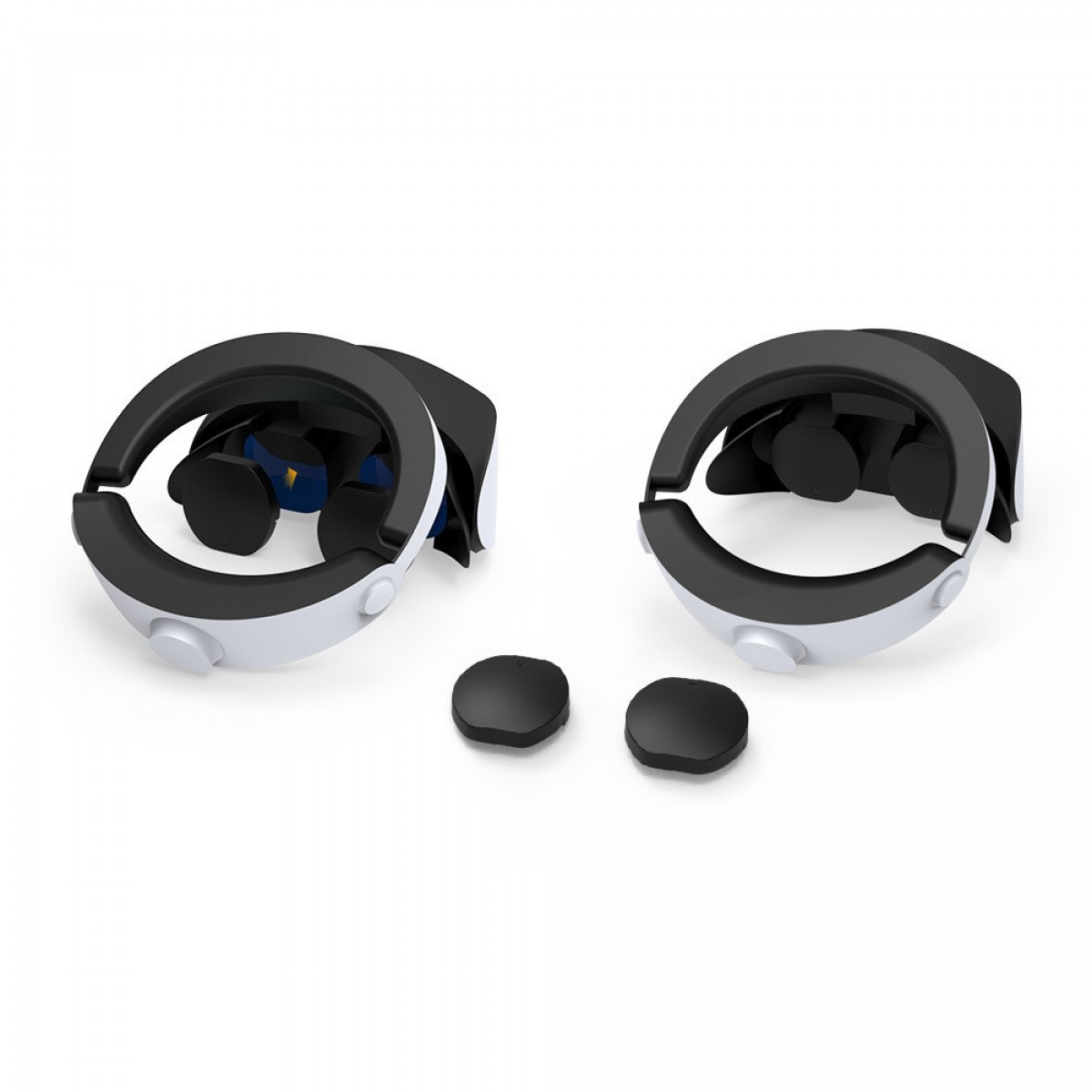 Zwei VR-Headset-Controller mit schwarz-weißem Design und zwei schwarzen scheibenförmigen Knöpfen.