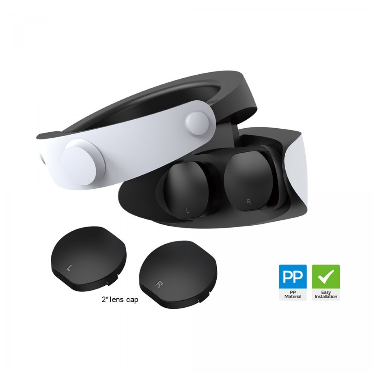 VR-Headset mit schwarz-weißem Design. Zwei Linsenabdeckungen daneben.