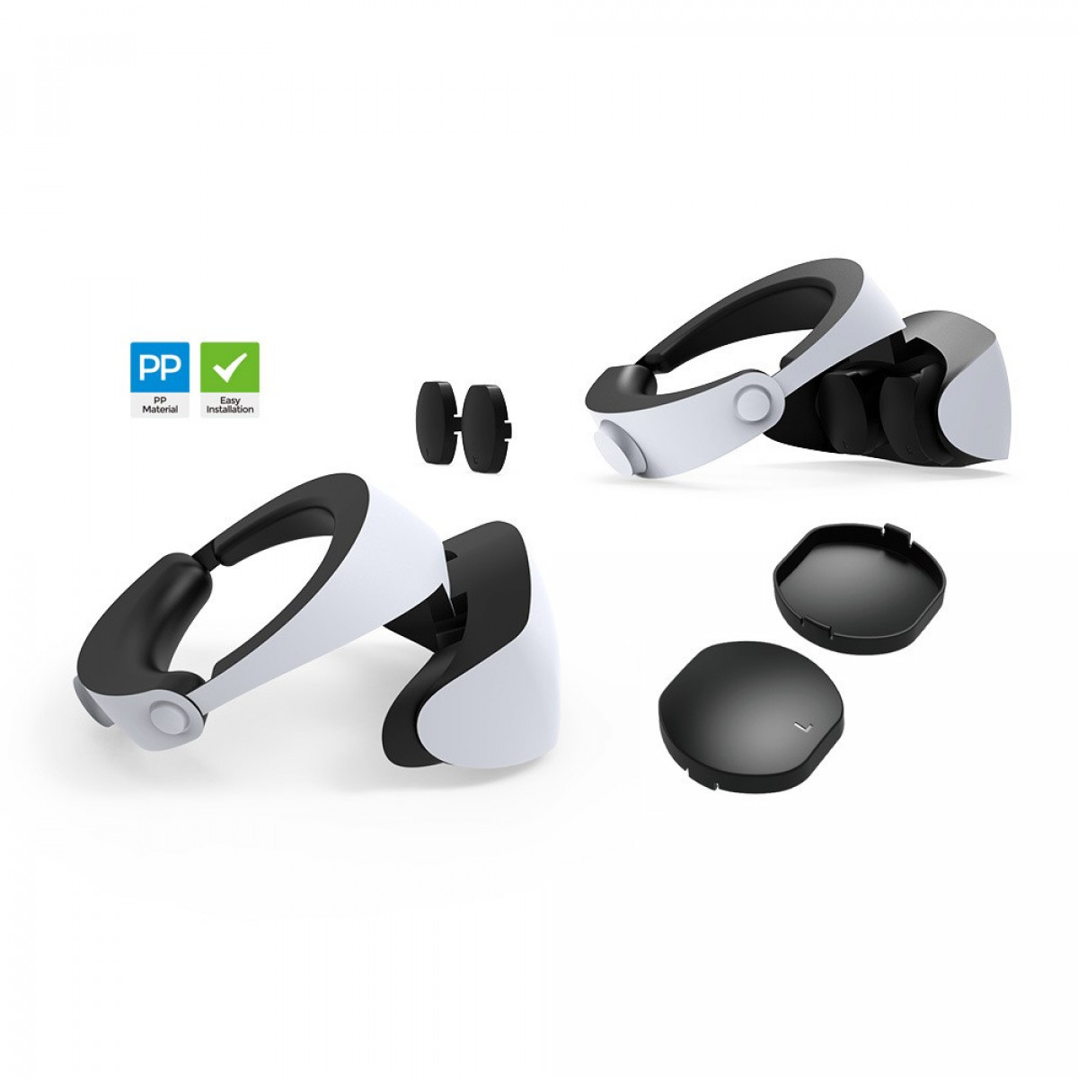 VR-Headset-Komponenten. Das Headset, ein Verbindungsstück und zwei schwarze Abdeckungen sind abgebildet.
