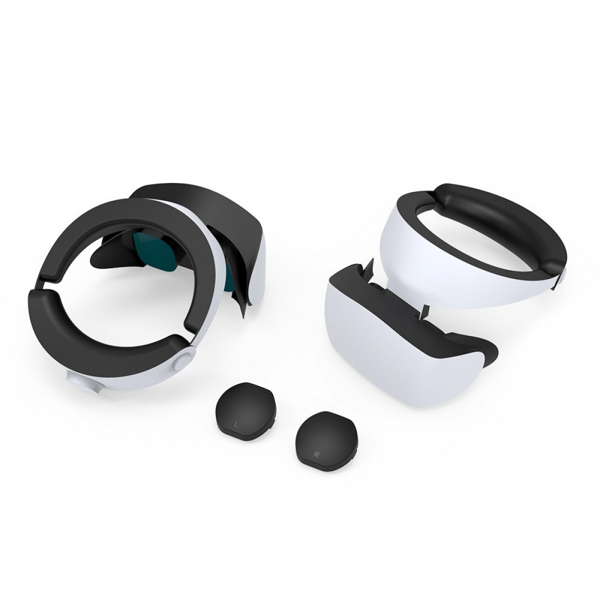 VR-Headset-Komponenten, einschließlich Headset, Controller und zugehöriges Zubehör.