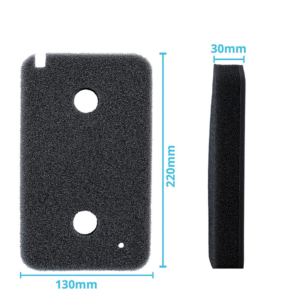 Black foam filter with two holes and a smaller one, dimensions are labeled.