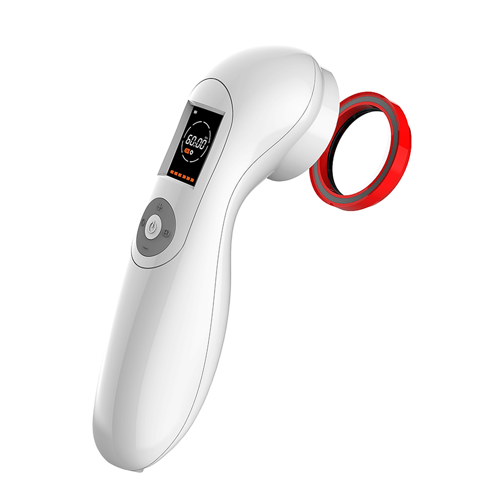Ein weißes Handheld-Schönheitsgerät mit rotem Ring. Es hat ein digitales Display und Knöpfe.