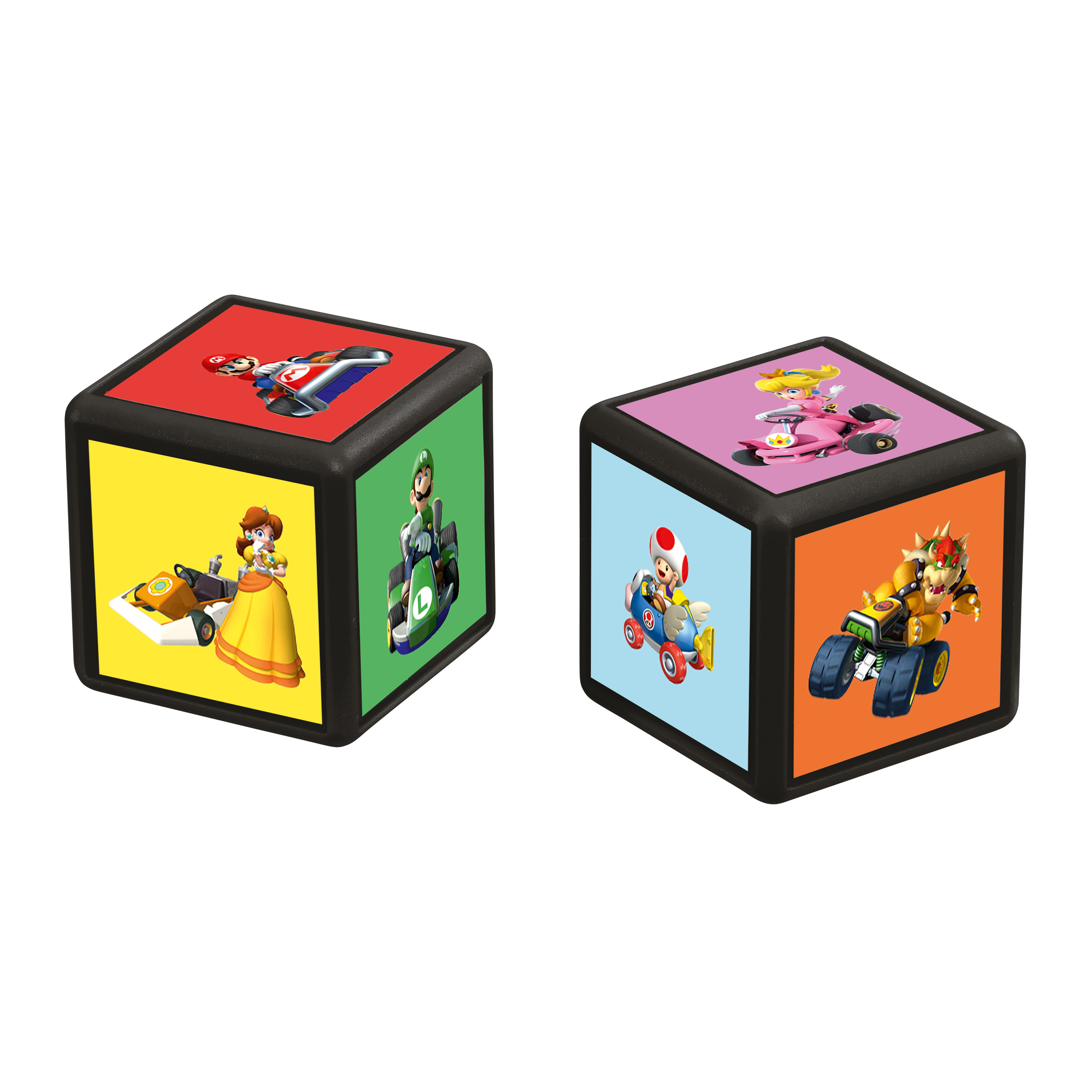 Dwie kostki z postaciami z Mario na ścianach i czarnymi obramowaniami.