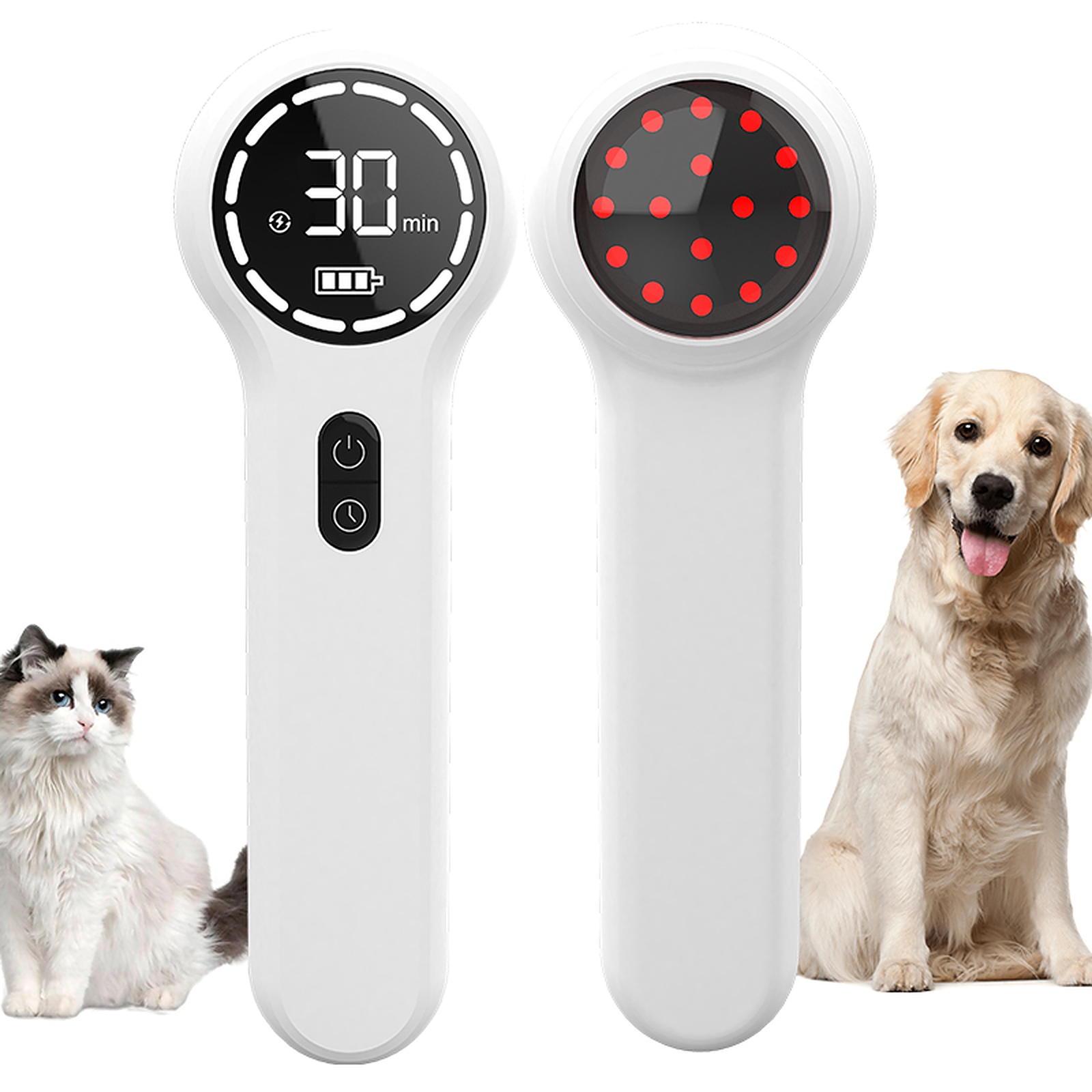 Zwei weiße Therapiegeräte und Haustiere: Katze & Hund. Rotlichttherapie.