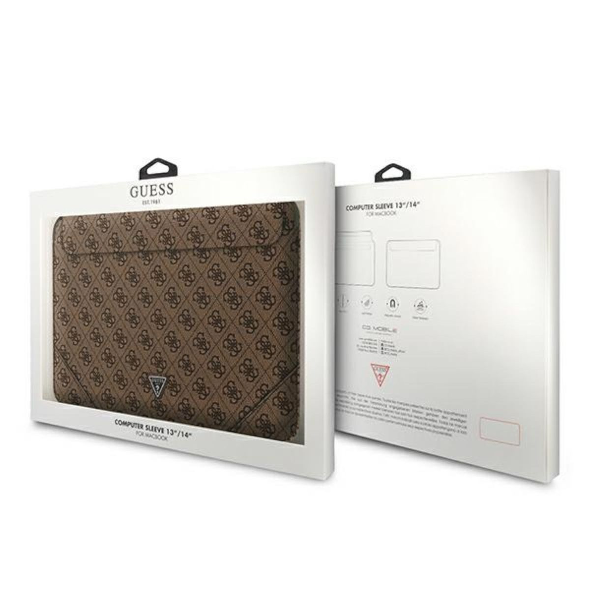Une housse pour ordinateur portable Guess marron dans une boîte blanche, avec le logo de la marque.