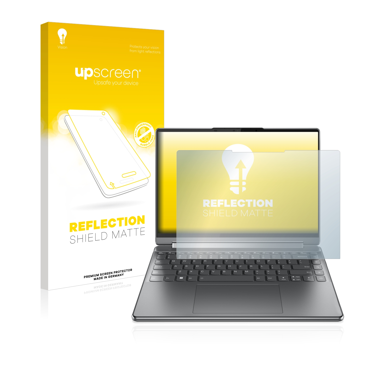 Laptop mit Displayschutz und Box. Box sagt 'REFLECTION SHIELD MATTE'.