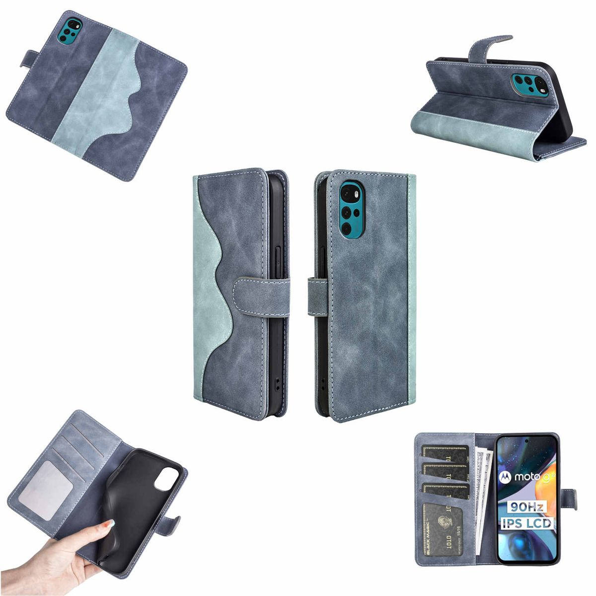 Eine Handyhülle mit mehrfarbigem Design. Sie kann zu einem Ständer gefaltet werden und hat Kartenfächer.