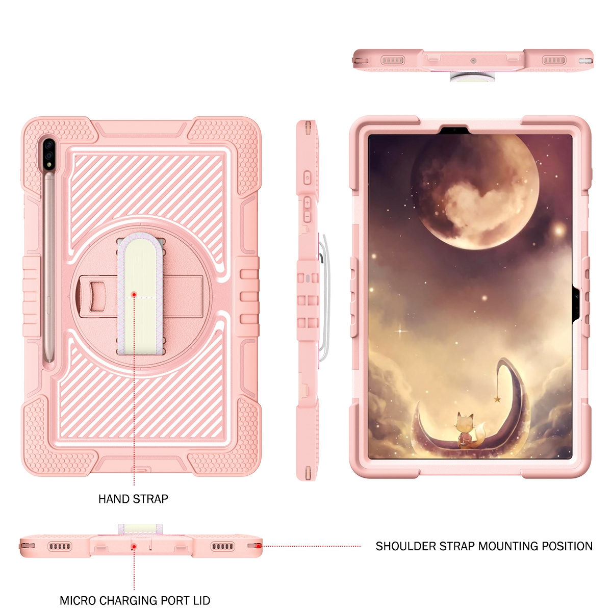Ein rosa Tablet in einer robusten Hülle. Zu den Merkmalen gehören eine Handschlaufe und ein Stift.