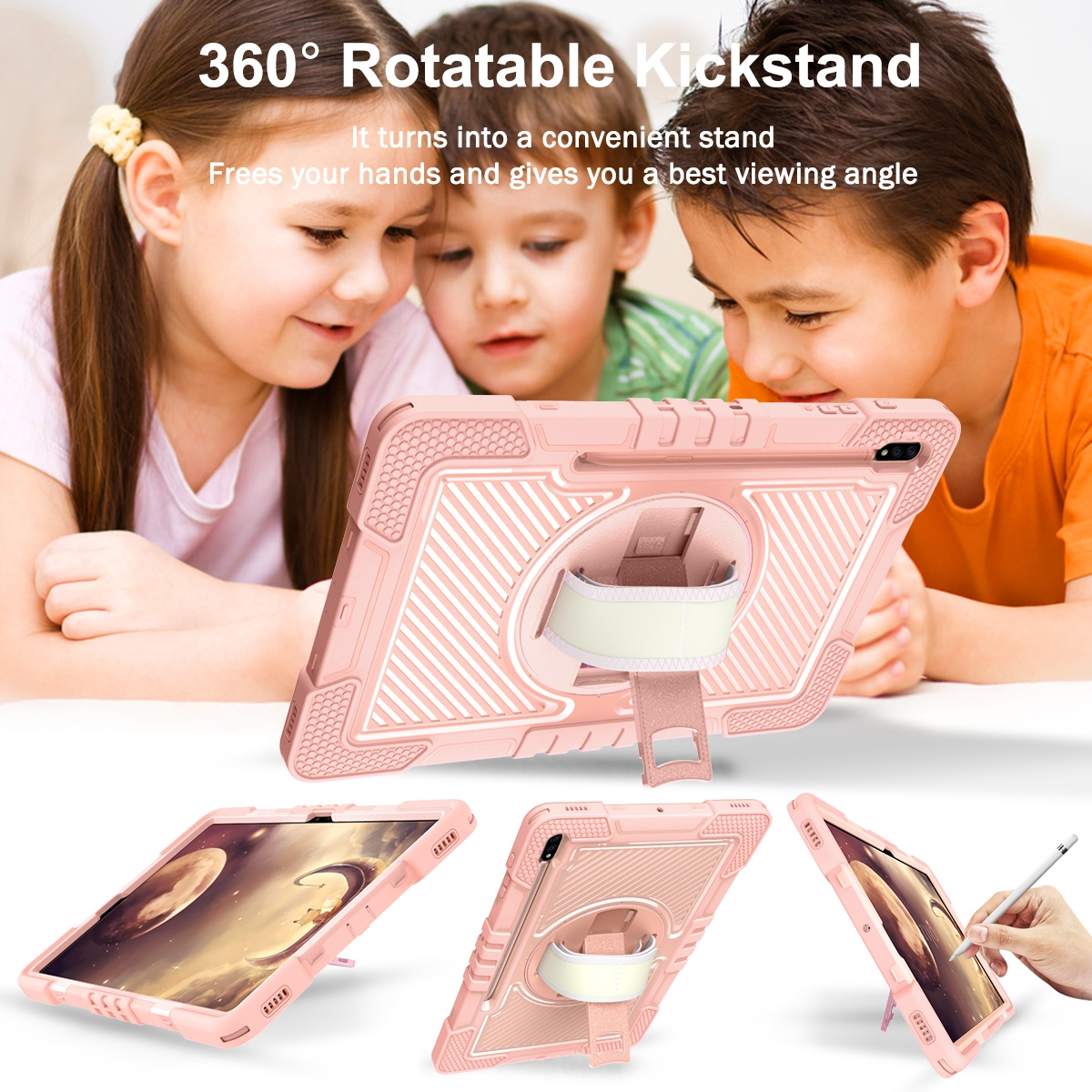 Eine rosa Tablethülle mit drei Ansichten, drei Kinder schauen auf das Tablet.