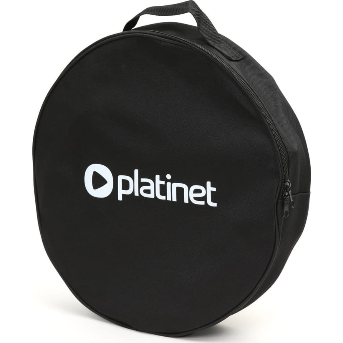 Eine schwarze runde Tasche mit Reißverschluss. Das Wort „platinet“ steht auf der Tasche.
