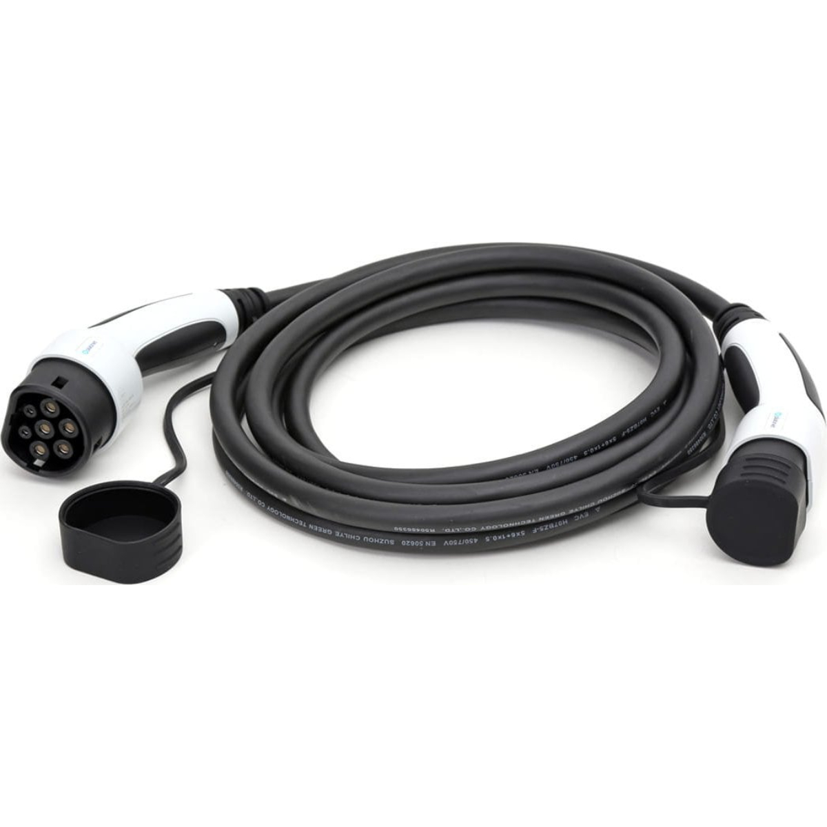 Ein schwarzes EV-Ladekabel mit weißen Steckern an jedem Ende.