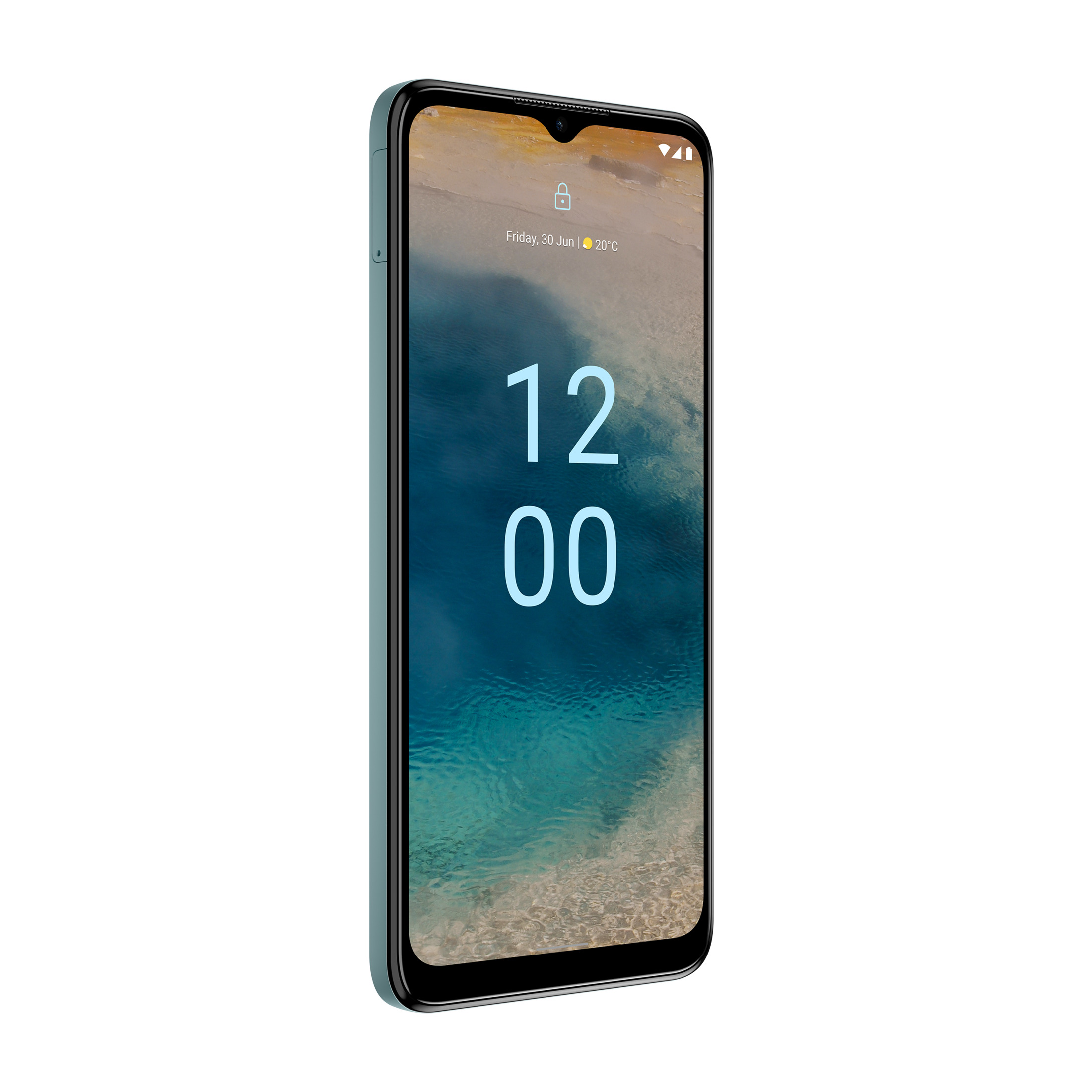 Turkusowy telefon wyświetlający godzinę 12:00 na ekranie.