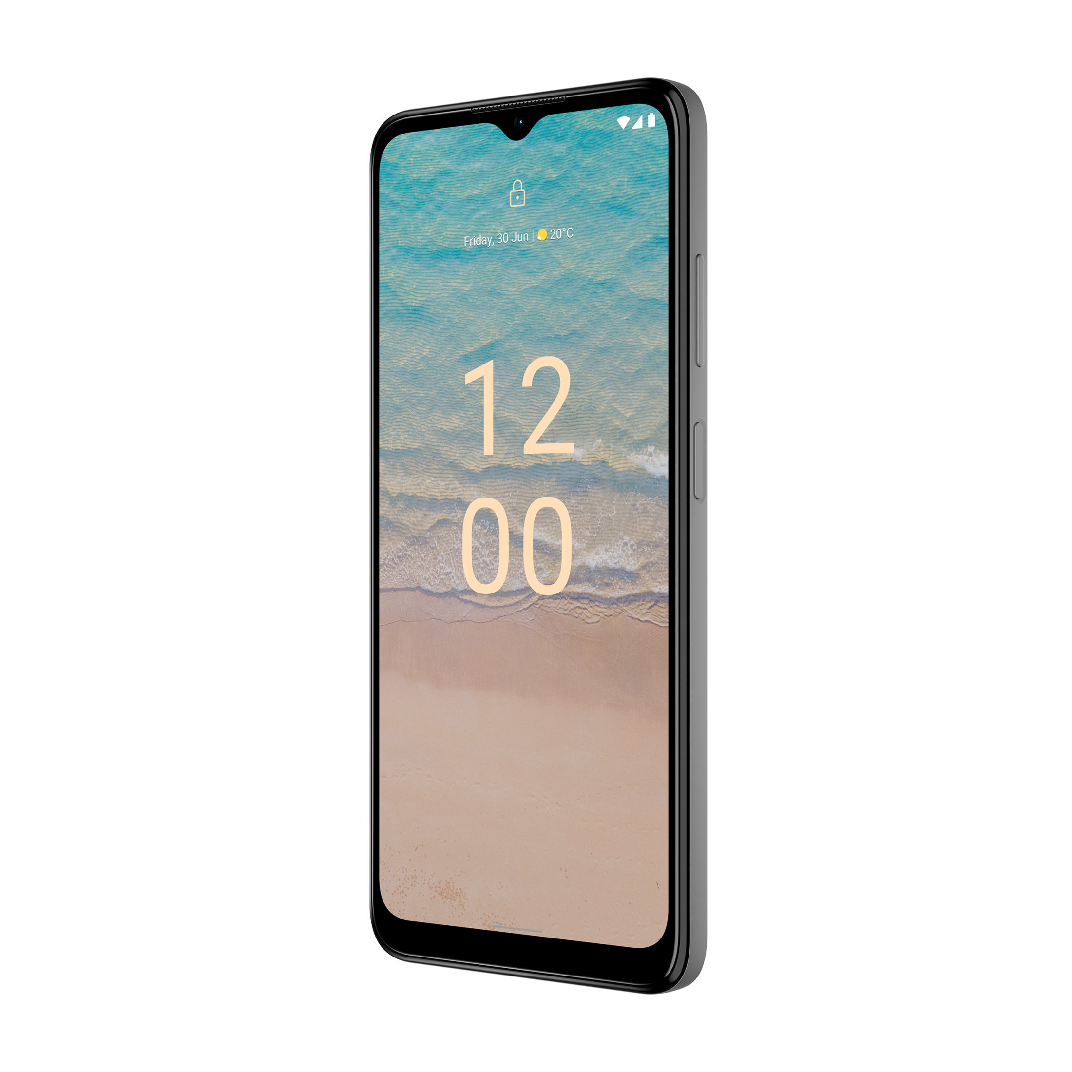 Czarny smartfon, wyświetlający godzinę 12:00 na tle plaży.