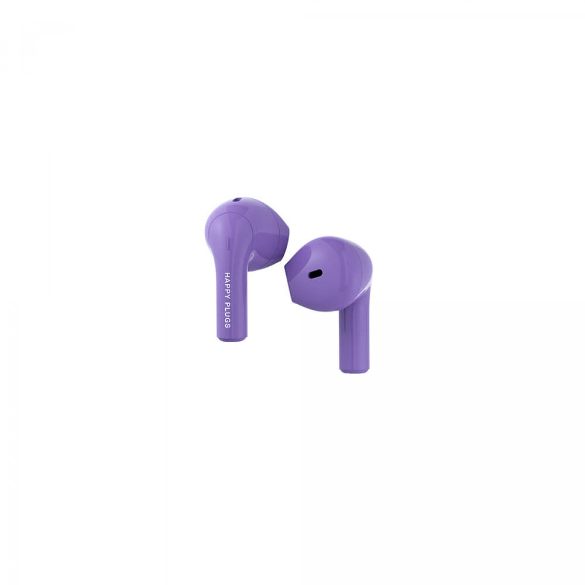 Zwei lila Happy Plugs Ohrhörer auf weißem Hintergrund. Einfache und saubere Ästhetik.