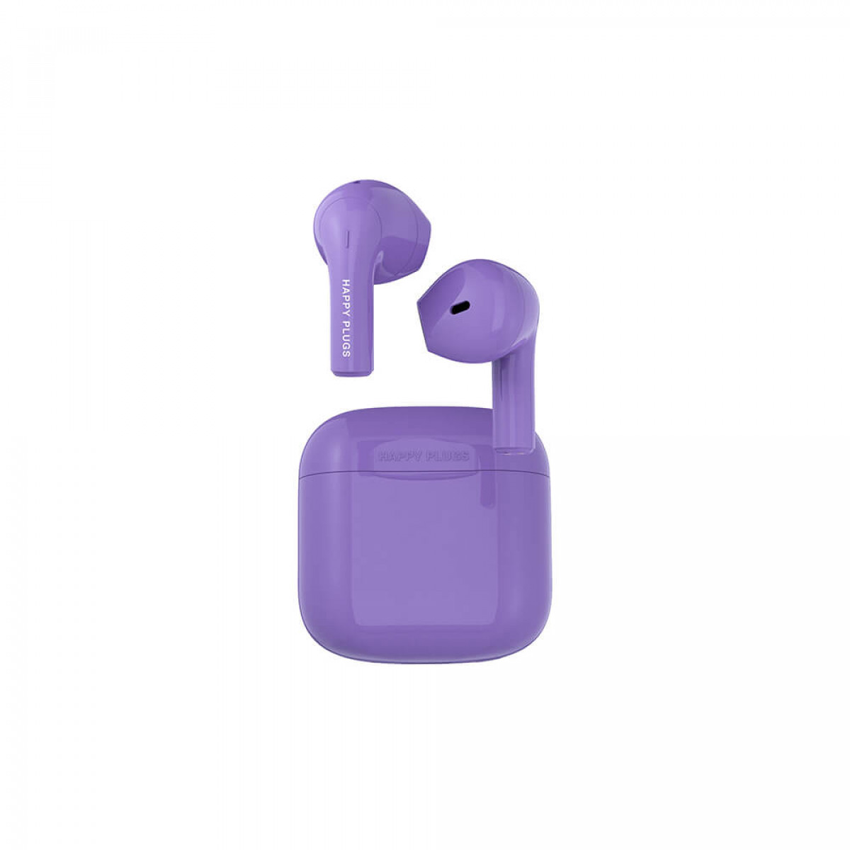 Violette Happy Plugs Ohrhörer und Ladecase auf weißem Hintergrund. Die Buds sind kabellos.