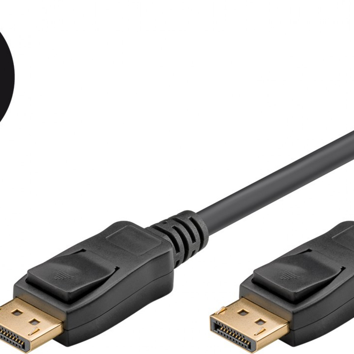 Schwarzes DisplayPort-Kabel mit Steckern, goldfarbene Pins, auf weißem Grund.