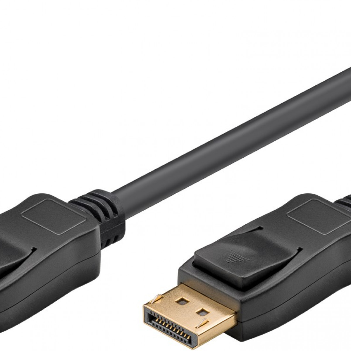 Schwarzes DisplayPort-Kabel mit Anschlüssen. Weißer Hintergrund.