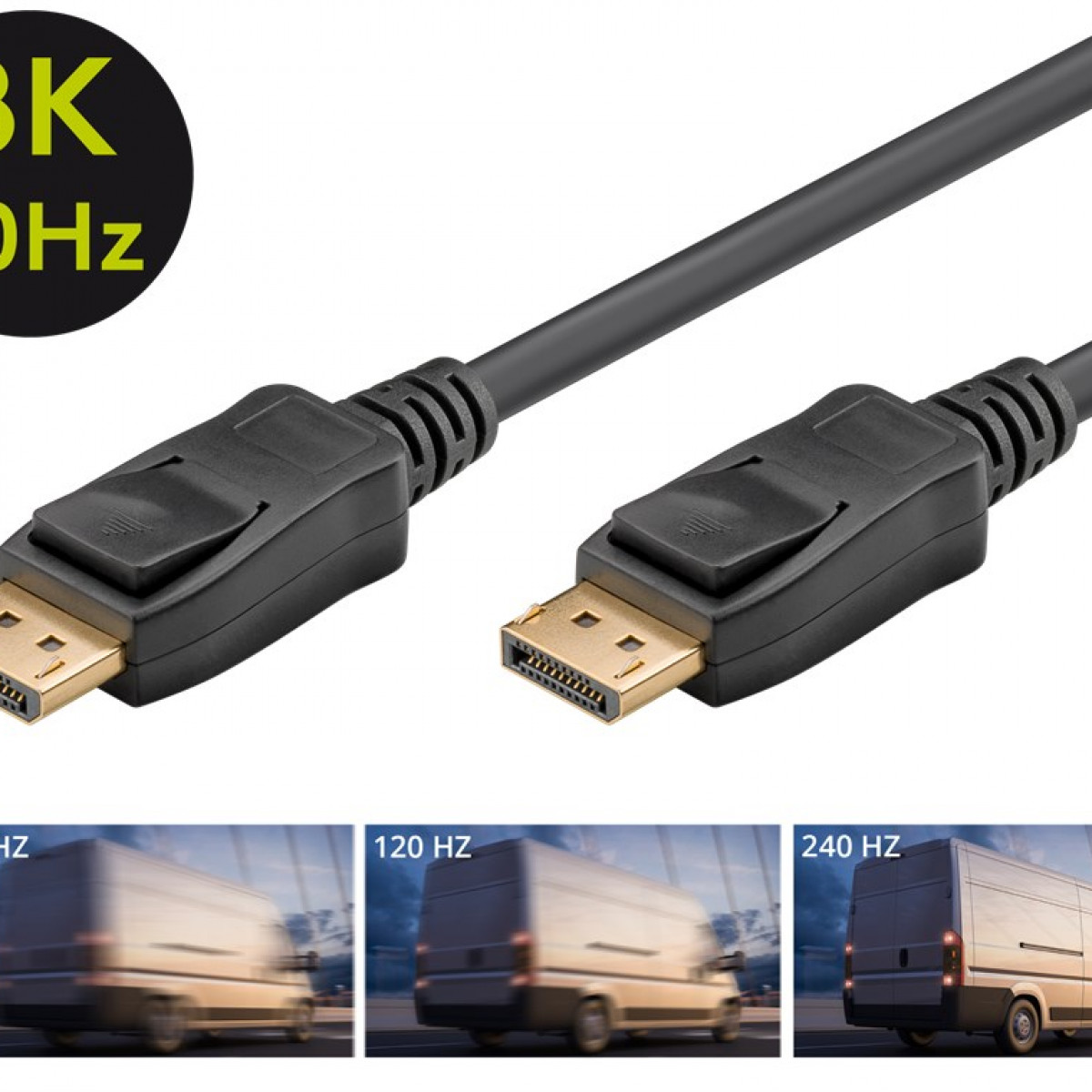 Schwarzes DisplayPort-Kabel mit Goldsteckern, mit Bildern von Lieferwagen.