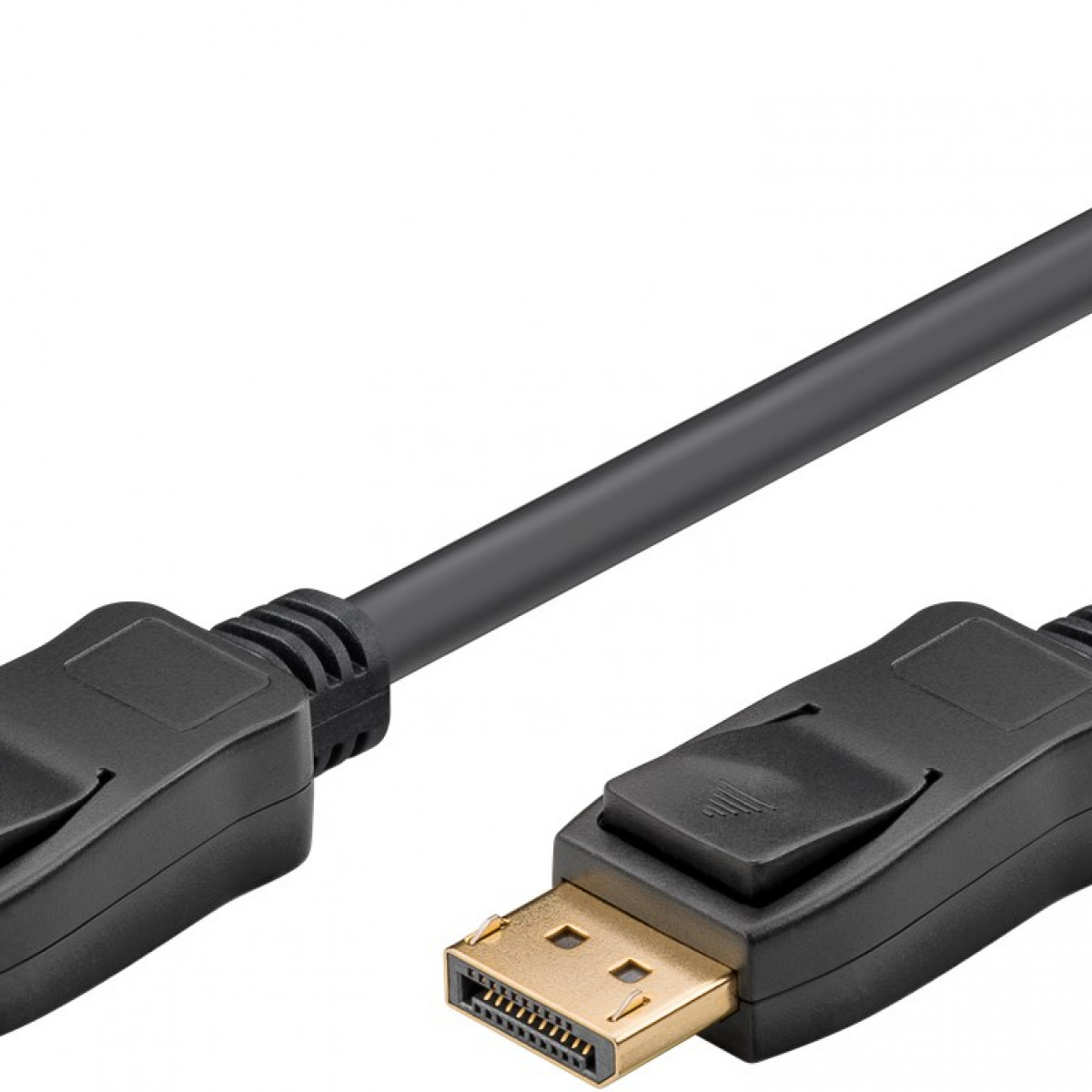 Ein schwarzes DisplayPort-Kabel mit schwarzen Steckern. Das Ende ist goldfarben.