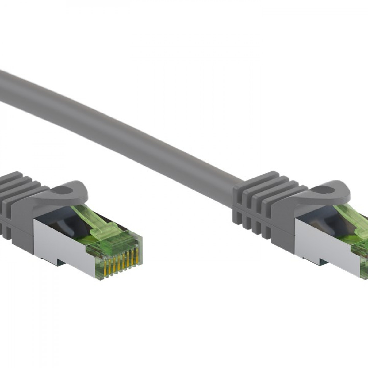 Een grijze ethernetkabel met grijze en groene connectoren aan elk uiteinde. De kabel is recht.