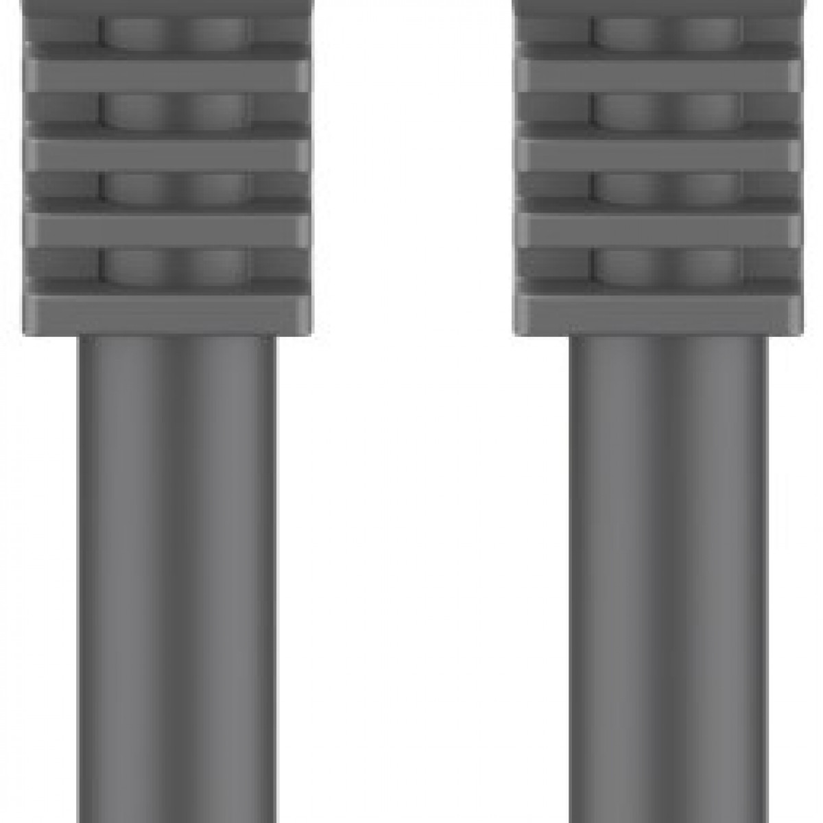 Twee grijze metalen pilaren. De bovenkant heeft meerdere horizontale staven. Witte achtergrond.