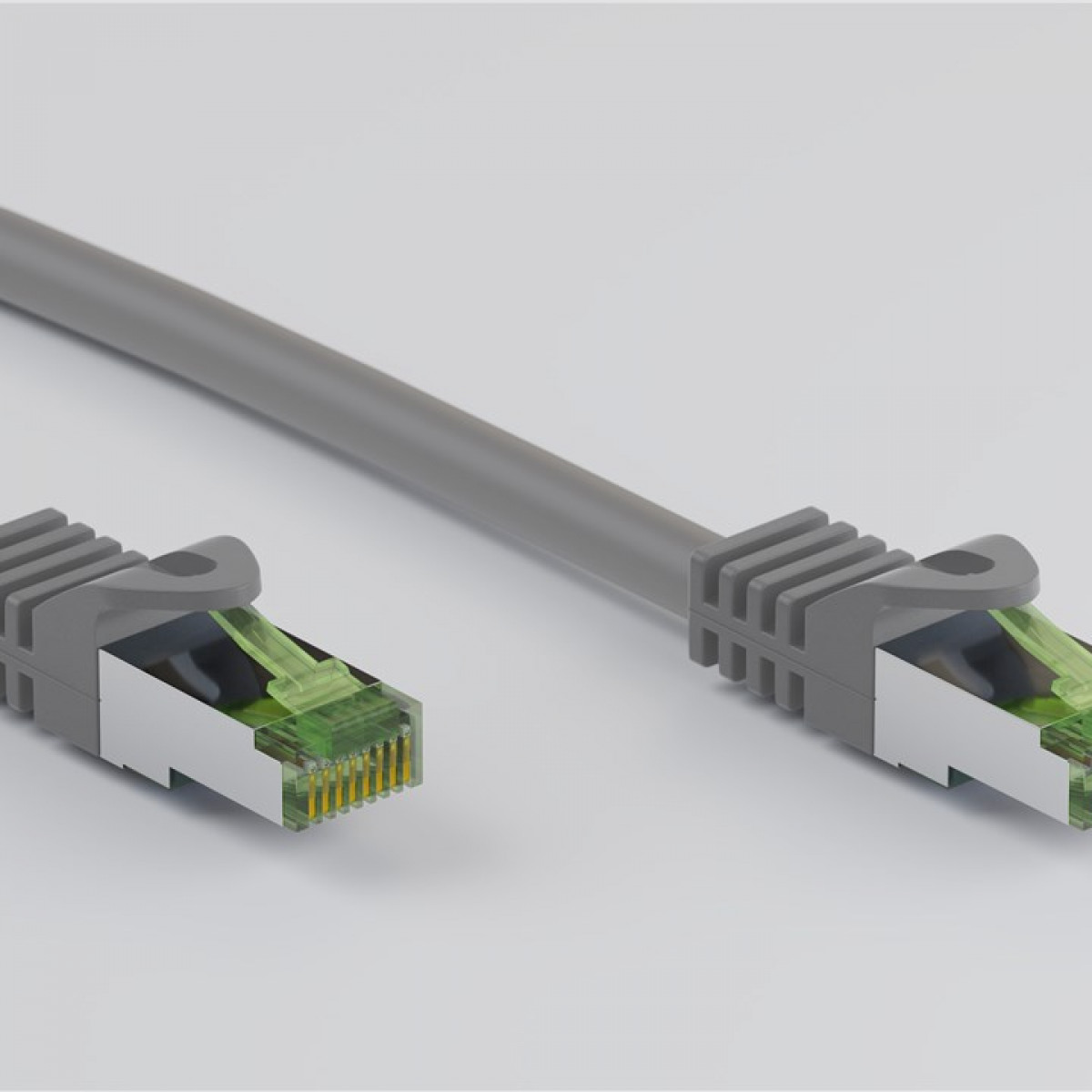 Gray Ethernet cable with green connectors on a white background.