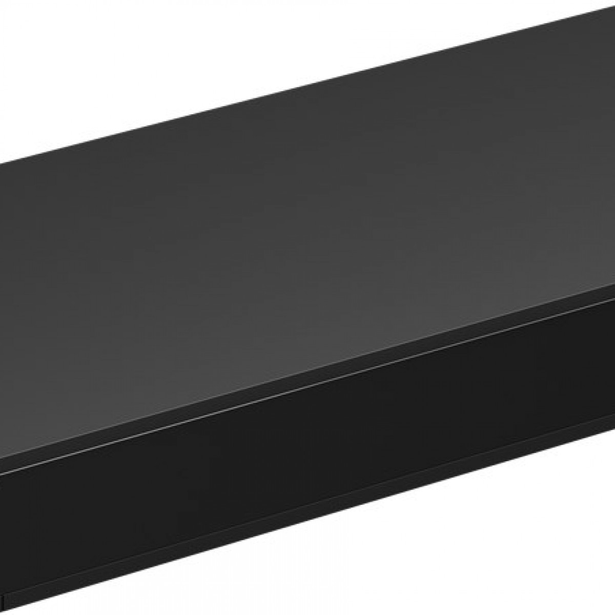 Schwarzes rechteckiges Objekt, möglicherweise eine Soundbar, schlichtes Design.