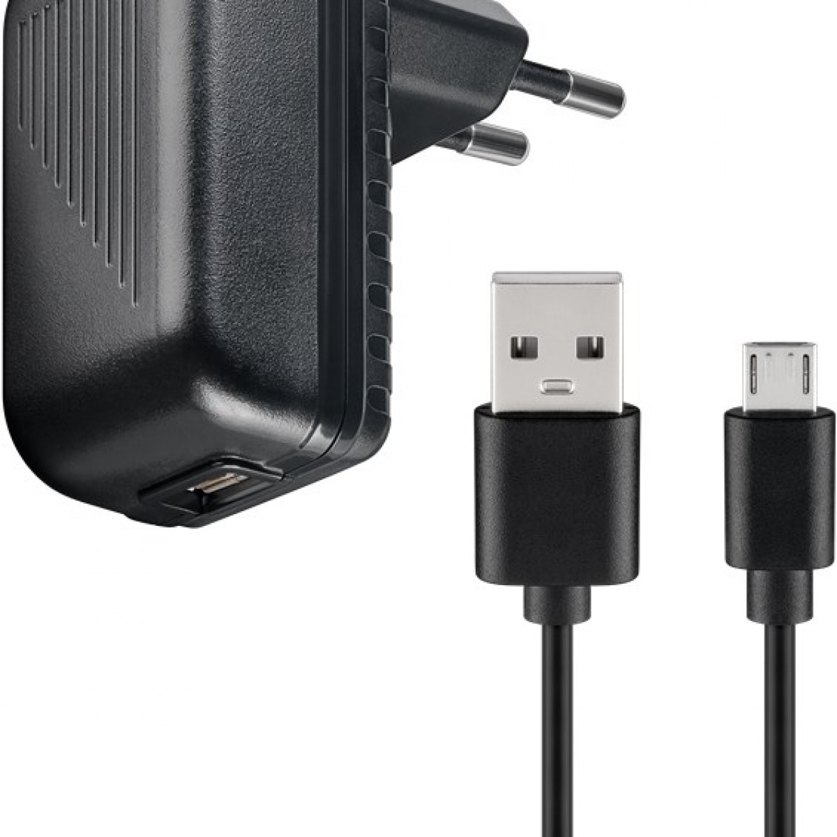 Schwarzes USB-Ladegerät mit USB-Anschluss und angeschlossenem Micro-USB-Kabel.