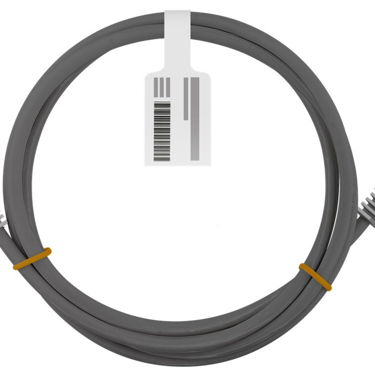 Szary kabel z dwoma złączami. Kabel jest zagięty w pętlę. Dołączona jest etykieta.