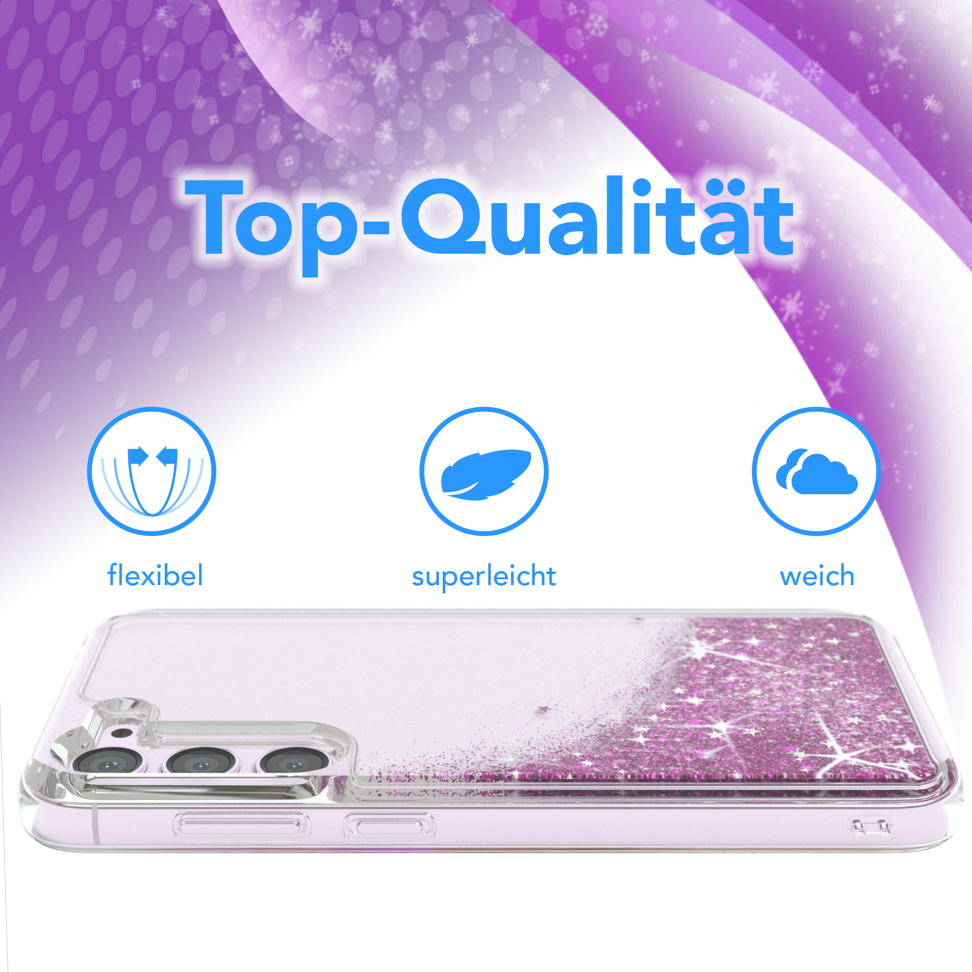 Eine Handyhülle mit Glitzerdesign und Text 'Top-Qualität' mit Symbolen.