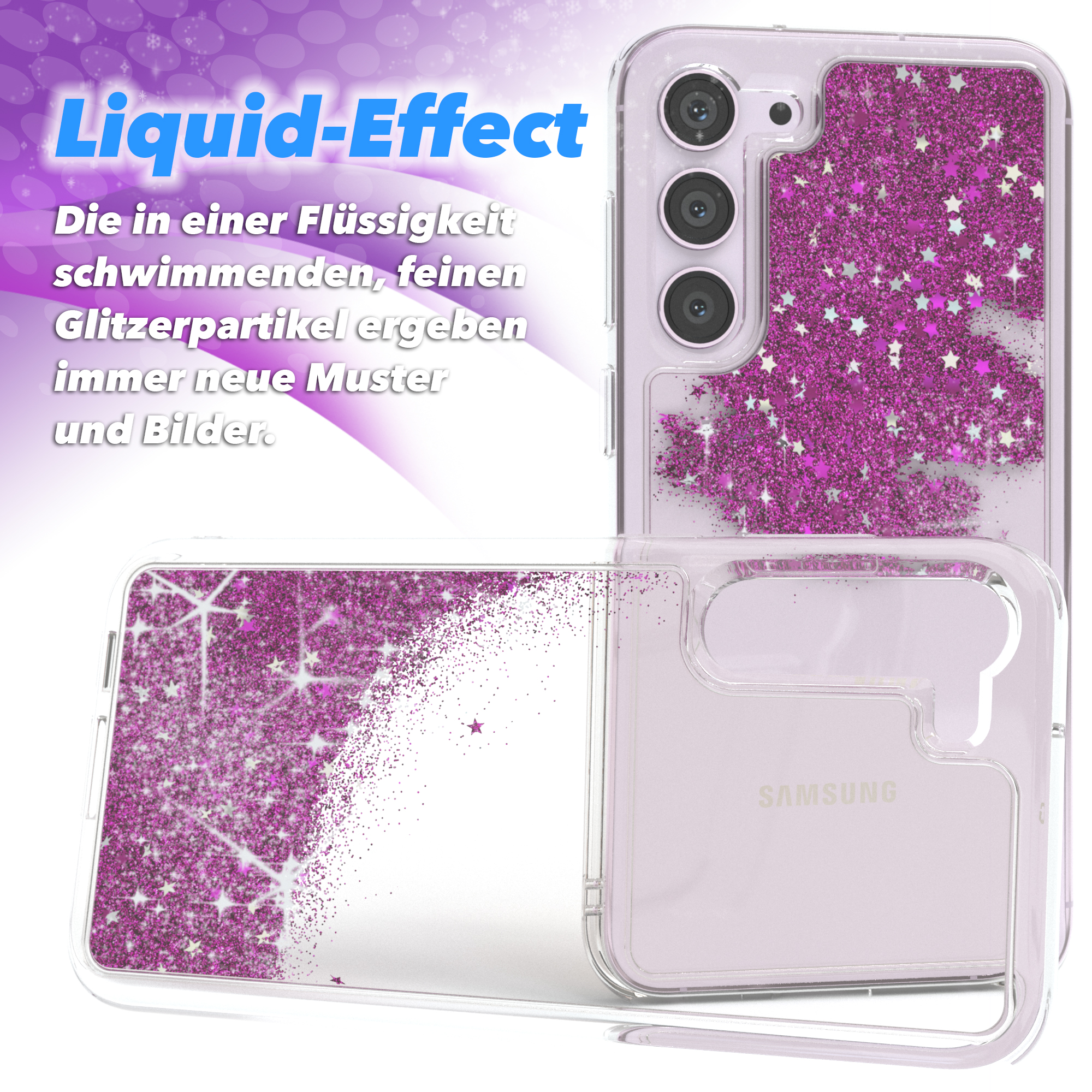 Eine pinkfarbene, glitzernde Handyhülle mit sternförmigen Elementen, die ein Flüssigkeitseffekt-Design zeigt.