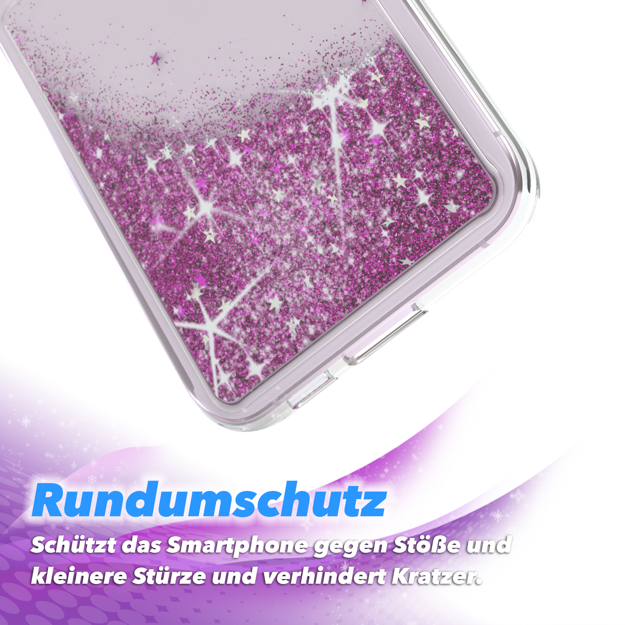 Handyhülle mit Glitzer und Text über Schutz.