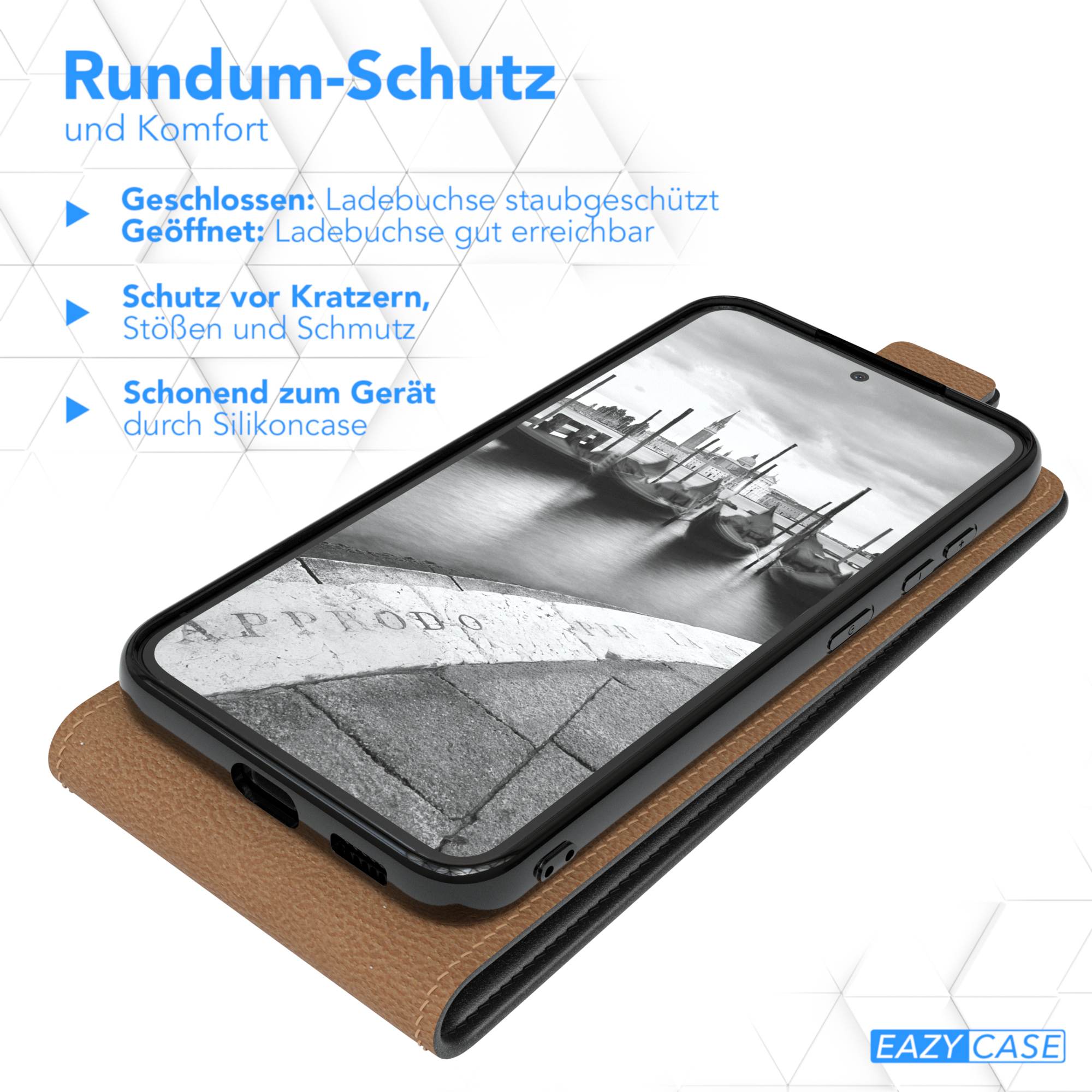Ein Telefon in einer braunen Hülle mit angebrachter Displayschutzfolie. Text auf der Hülle.