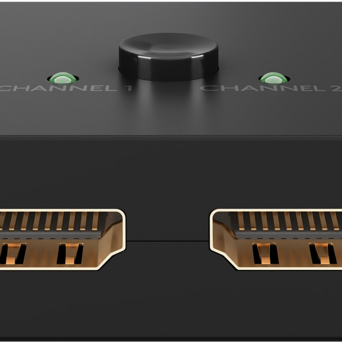 Nahaufnahme eines schwarzen HDMI-Switchers. Er hat Eingänge, Tasten und grüne Lichter.