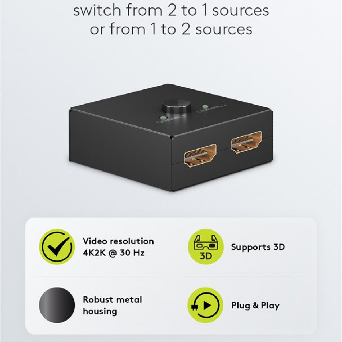 Schwarzer HDMI-Switch mit Text. Grüne Lichter. Weißer Hintergrund. Symbole: 3D, Plug & Play, Videoauflösung.