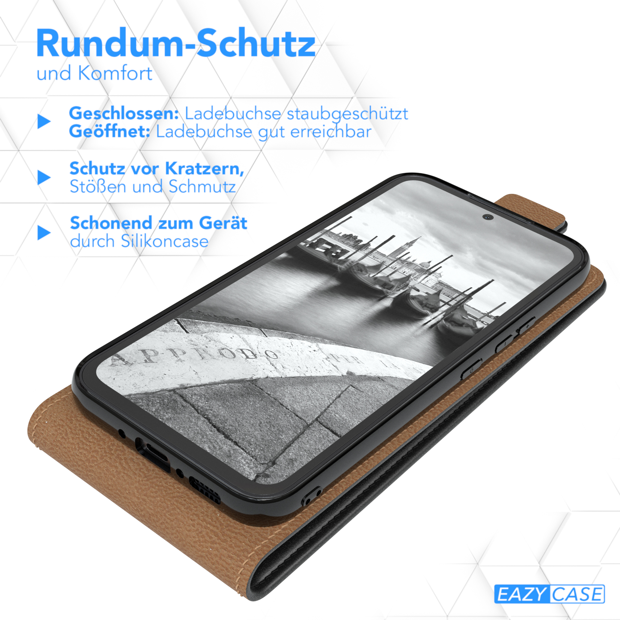 Ein Telefon in einer Hülle auf einer Holzoberfläche mit Text.