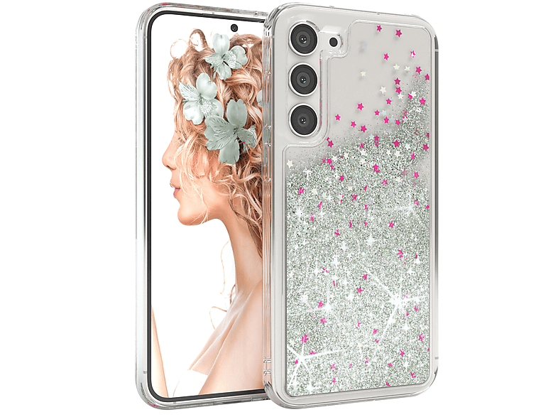 EAZY Galaxy Glitzerhülle S23 Backcover, Flüssig, CASE Silber Plus, Samsung,